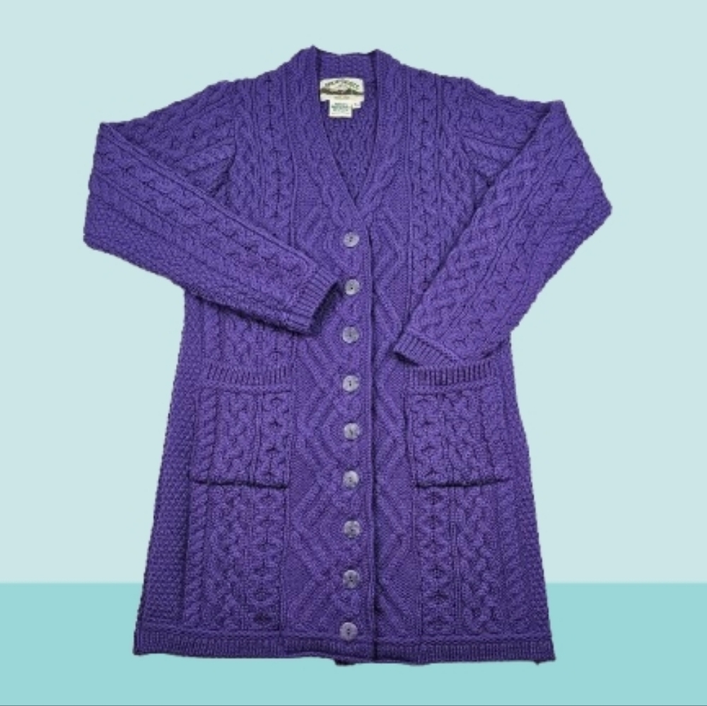 Aran Crafts 100% Merino Wool Cable Knit Purple Women's Long‎ Cardigan